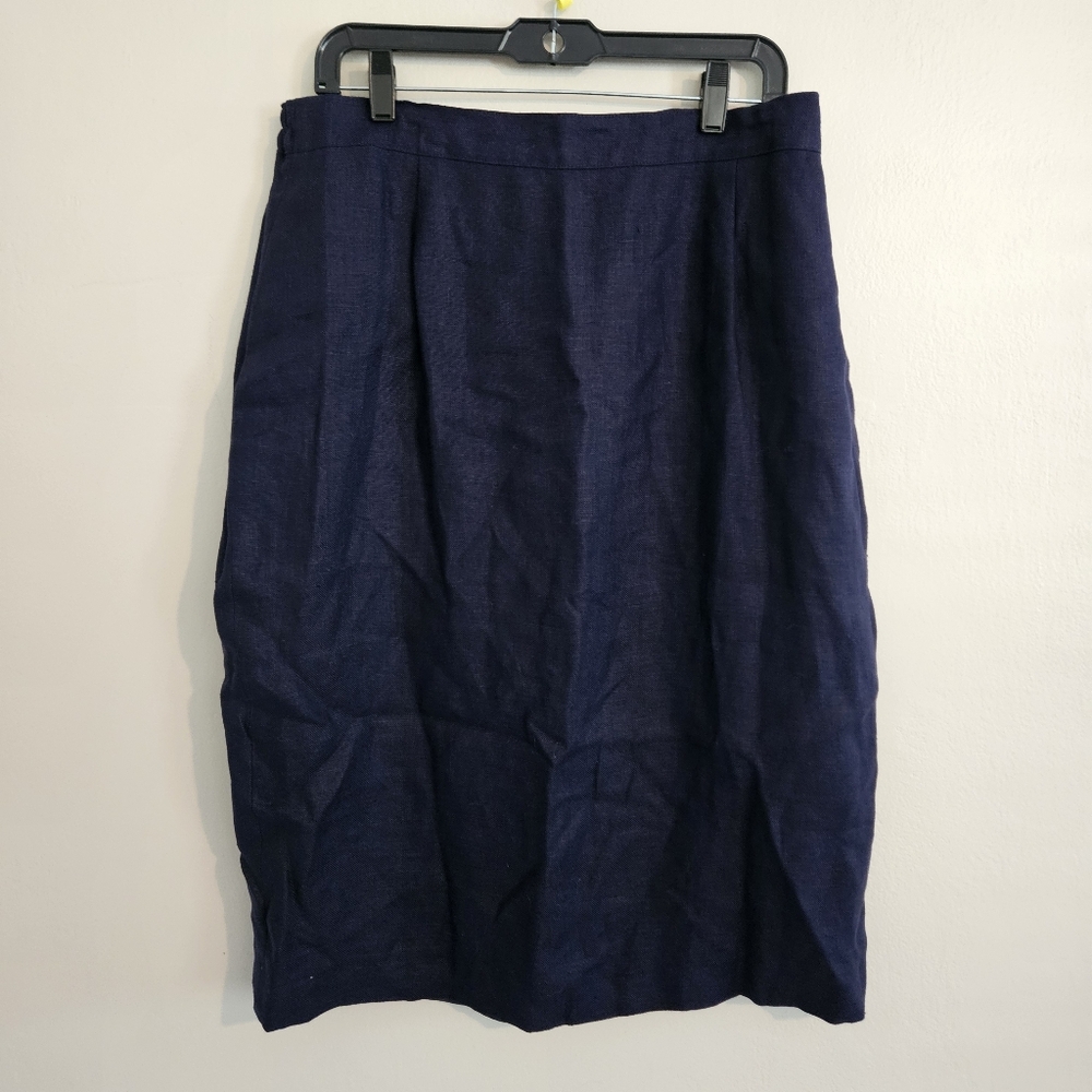 NWT Vintage Jennifer Moore Dark Blue Navy Pencil Skirt Linen Pearl Button 16W 30
